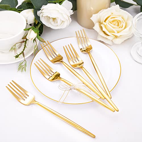 Rubtlamp 200Pcs Gold Plastic Dessert Plates,White Appetizer Plates With Gold Disposable Forks,Gold Small Dessert Plates,Party Cake Plates Include 7.5 Inch Salad Plates thumb #2