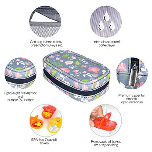 Serfeymi Weekly Travel Pill Organizer 2 Times A Day Am Pm Rainbow Pill Box 7 Day With Portable Zipper Pu Leather Pill Case, Medicine Organizer For Pills, Vitamins, Supplements, Fish Oils - Floral 02 #TOP2