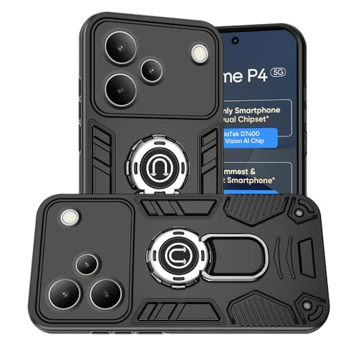 Image of AESTMO Realme P4 5G Back Case Cover | Tough Armor Bumper | Ring Holder & Kickstand in-Built | 360 Degree Protection Cover for Realme P4 5G (Black)