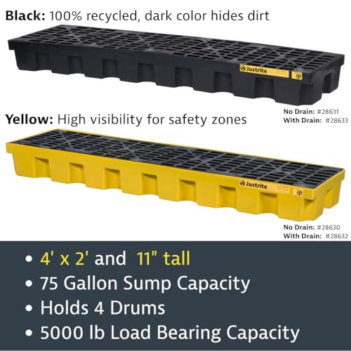 Justrite 4 Drum Spill Containment Pallet - 9\" Tall, 75 Gallon Large Capacity Spill Pallet for 55 Gal Drum Containment - Made in The USA from 30% Recycled Polyethylene - Yellow - 28630 - Thumbnail 3