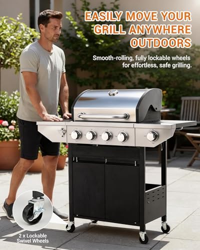 Image of EUHOME 46,500 BTU 4-Burner Propane Gas Grill with Side Burner - Stainless Steel Outdoor BBQ with Enameled Cast Iron Grates & Foldable Side Tables for Patio, Backyard, and Outdoor Cooking