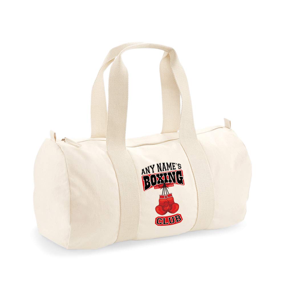 Personalised Boxing Club Any Name & EST Year Athlete Fitness Lover Gym Lover Unisex Barrel Bag Holdall Zip Sports Bag Duffle Bag. (Natural)…