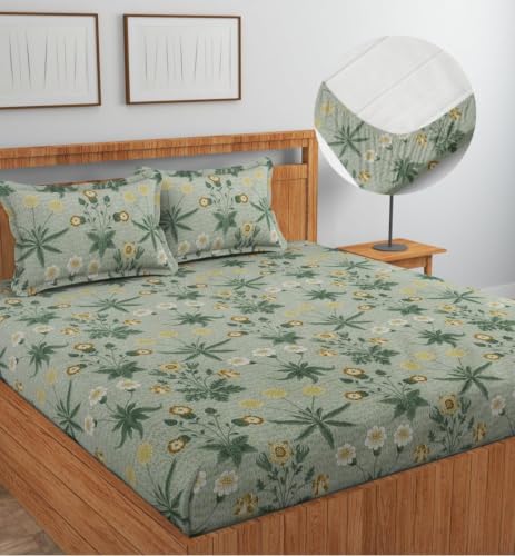 Image of Premium Cotton Fitted Bedsheet King Size 78 x 72 x 8 Inches with 2 Pillow Covers | 220 TC | All-Around Elastic Deep Pocket Bed Cover | Sage Green Yellow Floral