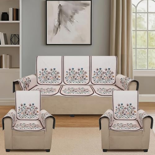 Image of Velvet 3 Seater Sofa Cover with 6 Seat and Back Covers, 2 Hand Rest Covers - Floral Design - Washable Fabric - Stylish Sofa Cover for Modern Living Room (Beige, 3 Seater With Arm Cover)