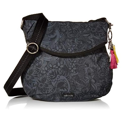 Sakroots Foldover Crossbody Bag in Eco-Twill with Adjustable Strap, Black Spirit Desert