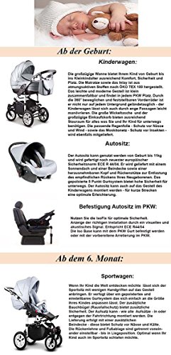 17 teiliges Qualitäts-Kinderwagenset - Reisesystem 4 in 1"COSMO": Kinderwagen + Buggy + Autokindersitz + Iso Base + Schwenkräder - Mega-Ausstattung - Farbe (C-48) CREME-BEIGE-MOCCA