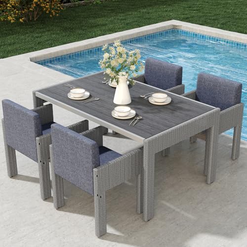 DM Furniture 5 Piece Patio Dining Set, Outdoor Dining Furniture Set with Large Table, PE Wicker Patio Dining Set of 4, Outdoor Table and Chairs for Garden, Yard, Backyard, Poolside, Grey