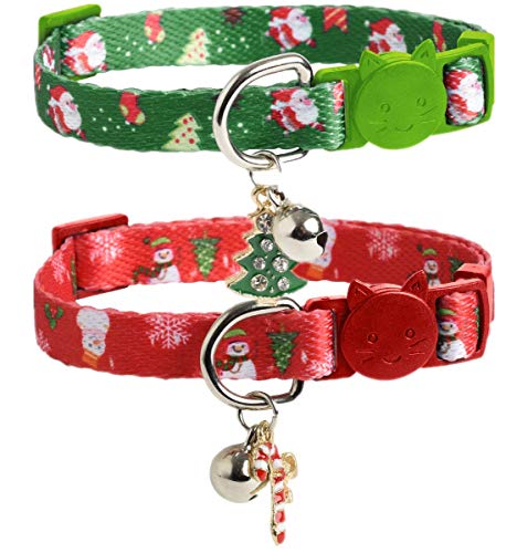 Christmas Cat Collar Breakaway with Bell 2 Pack Nylon Adjustable Kitten Collars
