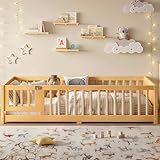 Bellemave Montessori Twin Floor Bed Frame with Fence and Removable Door, Low Profile Twin Size Montessori Bed Frame for Kids, Solid Wooden Floor Beds for Bedroom,Nursery, Natural