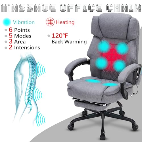 Image of Massage Office Chair with Foot Rest 6 Points Vibration and Heat Home Office Desk Chairs for Heavy People 400lbs Reclining Managerial Chairs Ergonomic Executive Chair (Grey)