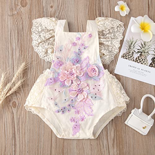 ODASDO Baby Girl Lace Romper Delicate Embroidery Backless Bodysuit with Flower Headband 2pcs Cake Smash Outfit…2