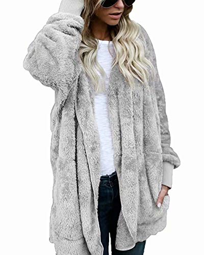Women's Jacket Coat Plush Hooded Jackets Freeheart Warm Faux Fur Cardigan Gray L