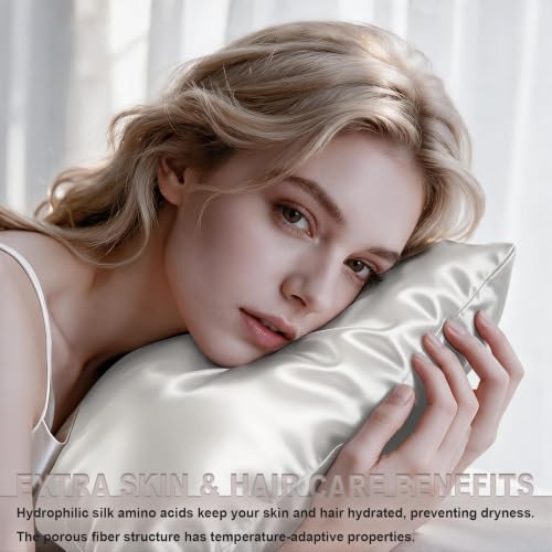 Image of LYSHIN Silk Pillow Cases 2 Pack Standard Size with Zipper, Ivory | 19 Momme Mulberry Silk Pillowcase for Skin and Hair, Anti-Acne, Hypoallergenic, Cooling, Beauty Sleep, Gifts for Women