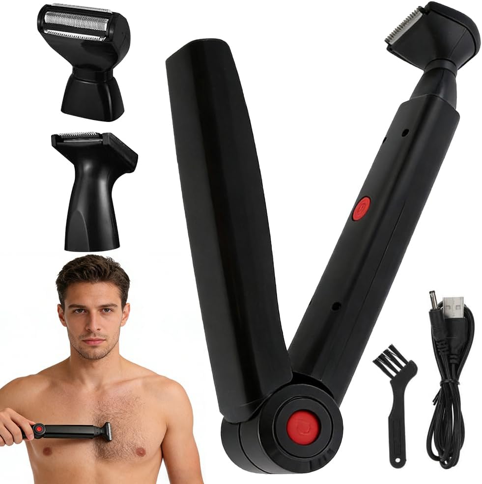 Rasoir Électrique pour Le Dos Homme, USB Tondeuse Corps Homme avec 2 Têtes de Rasage Amovibles et Poignée Ergonomique, Rasoir Pliable pour le Dos, le Torse et les Épaules