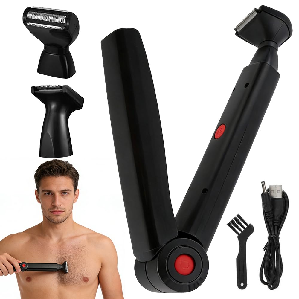Afeitadora de Espalda para Hombre, USB Depiladora Corporal Hombre con 2 Cabezales de Afeitado Desmontable y Mango Ergonómico Extensible, Plegable, para Espalda, Pecho y Hombros