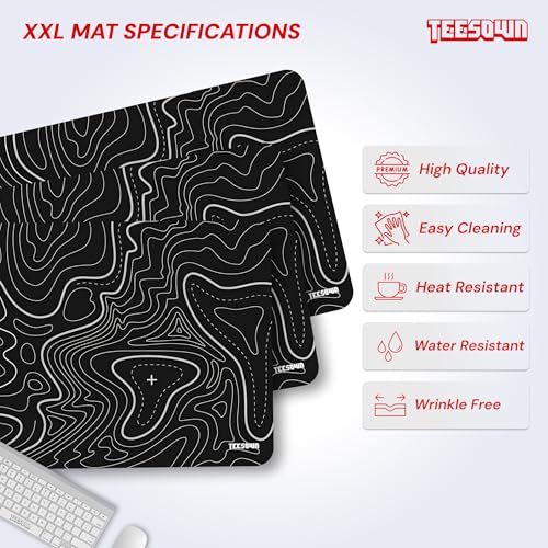 Image of XXL Black Topographical Extended Mousepad (17.5x35.5) inches for Laptop Desktop PC and Gaming Desk Mat Rubber Base Desk Pad