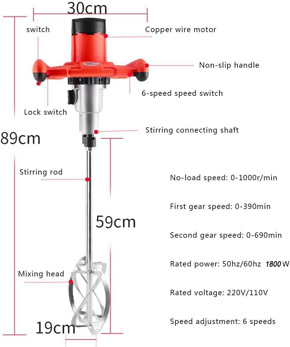 Agitatore elettrico per malta a doppia pala da 1800 W, 6 velocità regolabili (alta/bassa), per mescolare fango, cemento, malta, vernice, foraggio.