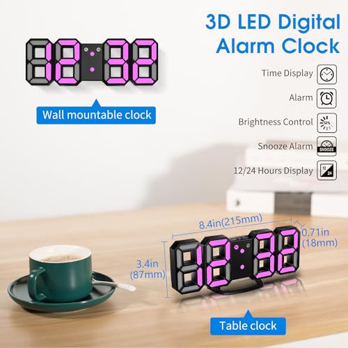 Image of 3D LED Wall Clock, 8.4 inch Digital Wall Clock, LED Clock with 3 Adjustable Brightness Levels for Home Kitchen Office(with Cable but NOT Battery Operated)