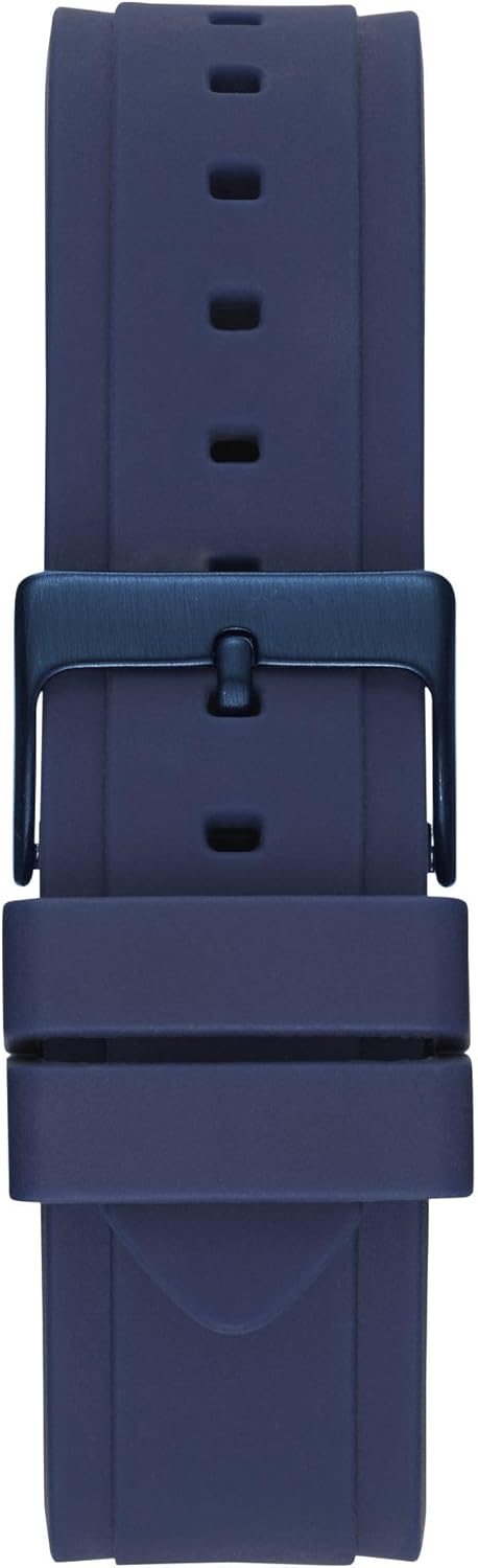 Nærbillede view of the blue silicone watch strap and rose gold-tone buckle of the GUESS U0571L1 watch.