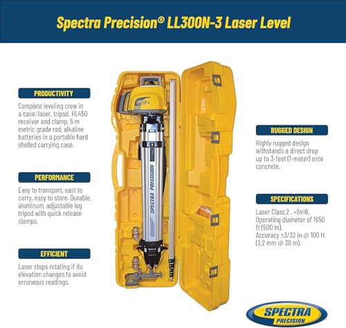 Spectra Precision LL300N-3 Laser Level, Self Leveling Kit with HL450 Receiver, Clamp, 4.7 Meter Grade Rod / Metric and Tripod , Black