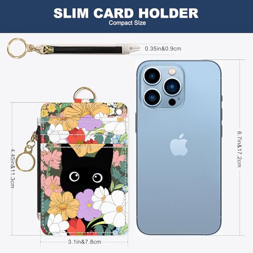 Image of Slim Wallet Credit Card Holder, Flower Bushes And Cats, RFID Wallet Women Cute Small Front Pocket Wallet With Zipper, PU Leather Thin travel RFID Blocking Card Case ID Window ,Ladies Gifts