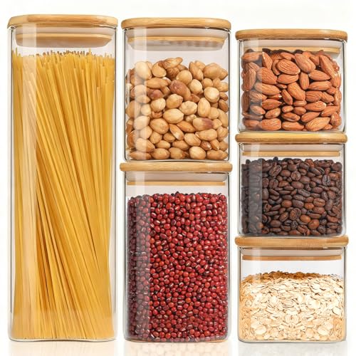 Image of ComSaf Storage Jars Glass Containers with Lid 550 /800 /1100 /2100 ml, Set of 6 | Storage jars, spaghetti, flour, cornflakes, pasta, kitchen storage, pantry and pantry