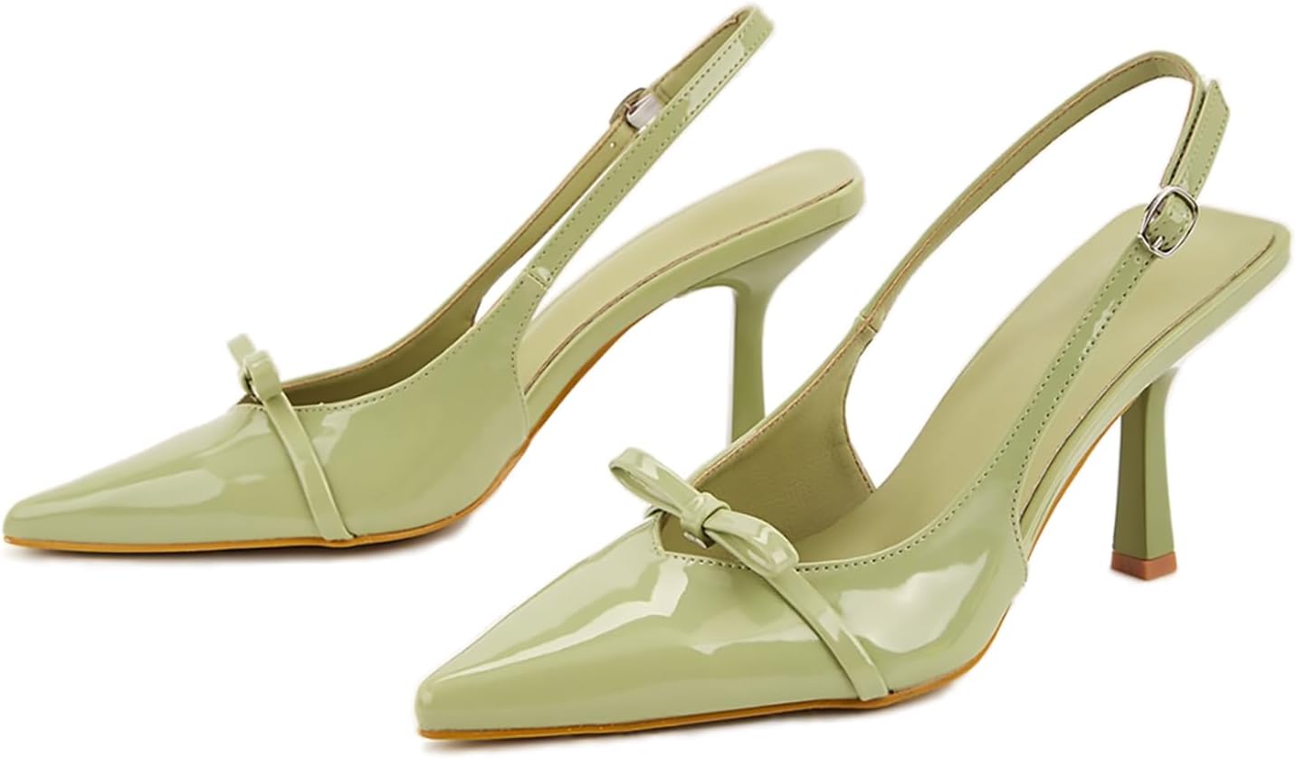 Women's Bow Stilettos Slingback Pumps with Back Buckle Patent Leather Pointed Closed Toe Kitten High Heels Sexy Dress High Heel Sandals for Working Party Prom