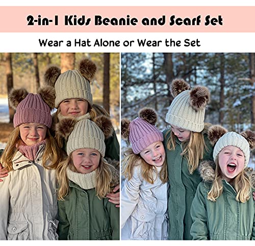Simplicity Kids Winter Beanie Hat And Scarf Set For Boys Girls Kids Thick Knitted Fleece Lined Pom Pom Skull Hat Cap With Scarf Pom Pom Hats For Girls With Scarf, White #TOP1