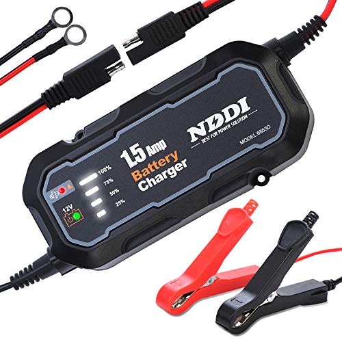 NDDI Automatic Battery Trickle Charger, Portable 12V 1500mA Smart Battery Charger with LED Charging State Lights (1.5A)