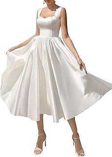 Women's Square Collar Tea Length Wedding Dress for Bride Satin Midi A Line Simple Bridal Dress - Buy now