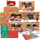 Kanehosi Cajas de galletas de Navidad con ventana, 12 paquetes, cajas de regalo de Navidad de papel kraft para postres, caramelos, cupcakes, regalo con etiquetas y tarjetas de felicitación, tarjetas