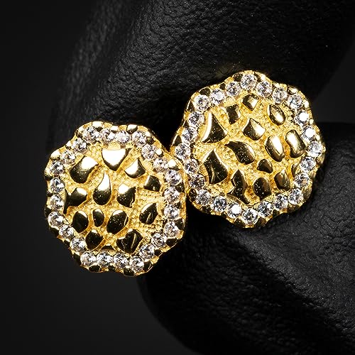 Hip Hop Round 14K Yellow Gold Plated 925 Sterling Silver Circle Big 90's Ice Out Cz Man Hypoallergenic Solid Gold Nugget Large Stud Screw Back Post Earrings For Men3