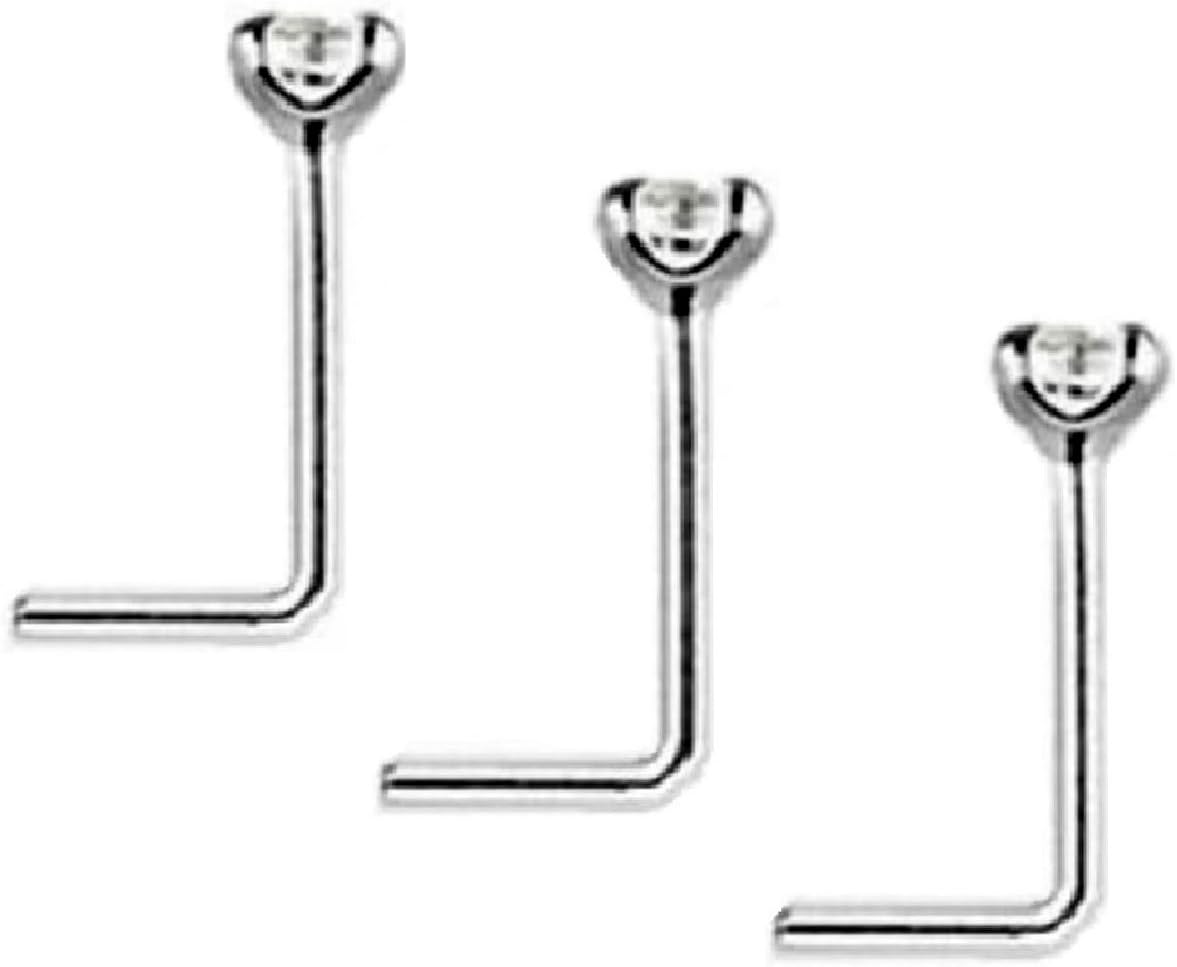 Set of 3, Clear Crystal L Shape Nose Studs Sterling Silver Thin 0.6mm Bar Choose Crystal Size: 1.2mm 1.5mm 2mm or 2.5mm