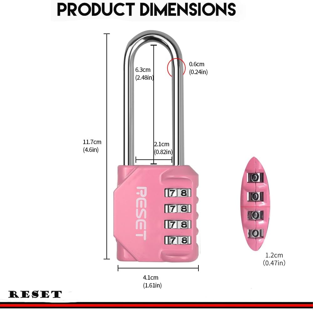 RESET-060 2 Pack 2.5" Combination Padlock - 4-Digit, Long Shackle, Pink & Purple - Ideal for Gym, School, Fence, Toolbox