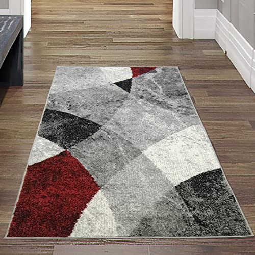 Moderner Wohnzimmer Teppich abstraktes Wellen Rauten Design marmoriert in rot grau - pflegeleicht Größe 80x150 cm