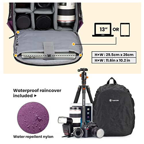 Tarion Camera Bag Professional Camera Backpack Case With Laptop Compartment Waterproof Rain Cover For Dslr Slr Mirrorless Camera Lens Tripod Photography Backpack For Women Men Photographer Purple Tb-S #TOP4