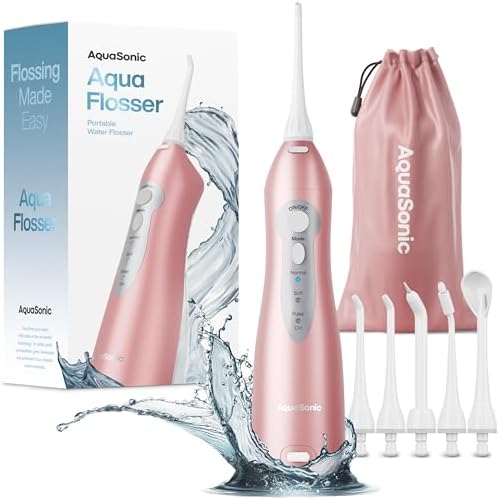 Aquasonic Aqua Flosser - Professional Rechargeable Water Flosser with 4 Tips - Oral Irrigator w/ 3 Modes - Portable & Cordless Flosser - Kids and Braces - Dentist Recommended (Rose Gold)