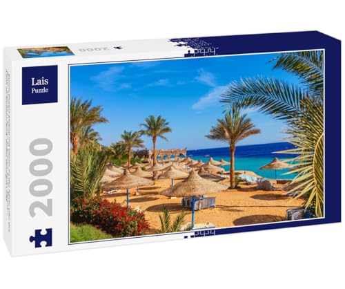 Lais Puzzle Spiaggia soleggiata con Palma sulla Costa del Mar Rosso a Sharm El Sheikh, Sinai, Egitto, Asia in Estate Calda. Luce Solare Brillante 2000 Pezzi
