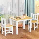 Bopeep Kids Table and 2 Chairs Set, Pine Wooden Study Play Desk Children Activity, Reading, Arts, Crafts, Snack Time, Homework, Playroom, Furniture Set for Daycare Playroom, Boys & Girls, 3 Pieces Set