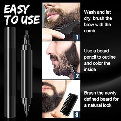 Beard Pencil Filler for Men Black - Beard Pen With Beard Brush & Comb, Barber Pencil Dual-Head, Sweat-Proof & Waterproof Beard Filler Grooming Kit for Men, Gifts for Men (Dark Brown)