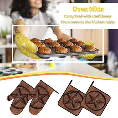 Bokekang Retro Western Texas Star In Wood Oven Mitts And Pot Holders Sets Of 4 Western Kitchen Mitts Heat Resistant Texas Star Oven Gloves Set Potholders For Kitchen Baking Grilling Bbq #TOP6