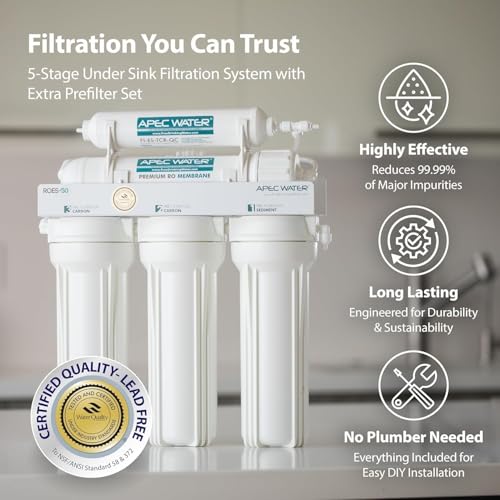 Image of APEC Water 5-Stage Under Sink Reverse Osmosis Water Filter System with Extra High Capacity Pre-Filter Set, Essence Series, WQA Certified, 50 GPD, Removes 99.99% of Contaminants, Home Water Filtration