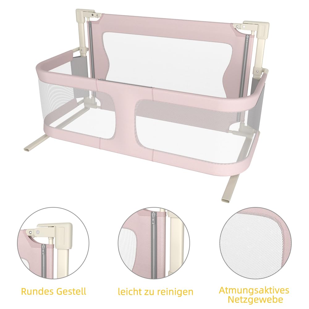 HUOLE Barandilla de Cama Portátil de Seguridad con Bloqueo y cinturón Ajustable-Barrera Cama Bebé Barrera Seguridad bebé Compacta, Malla Transpirable-120 x 50 x 105 cm (Rosa)