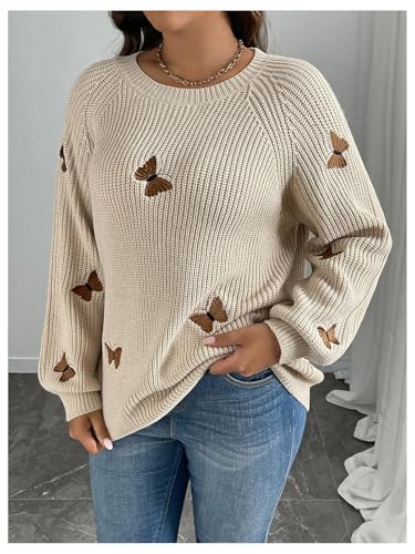 Women's Plus Size Butterfly Sweater Embroidery Long Sleeve Pullover Sweater Crew Neck Knit Tops4