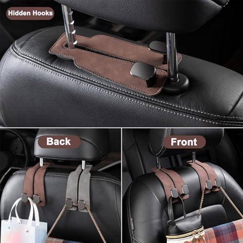 Image of 2 Pack Brown Leather Car Headrest Hooks Purse Bag Storage Holders for Car Seats