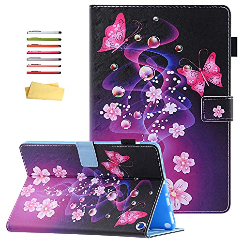 Case for New Kindle Fire 7 Tablet 2022 Release (Only Compatible with 12th Generation) with Stand [Auto Wake/Sleep] [Pencil/Card Holder] PU Leather Folio Wallet Cover, Butterfly Pink Flower