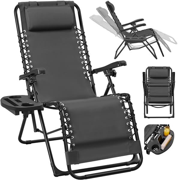 Yaheetech Chaise Longue inclinable avec Porte-gobelet Fauteuil Relax Zéro Gravité Transat pour Terrasse Piscine Jardin Charge 114kg Gris Foncé