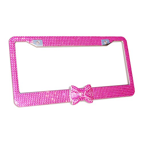 Otostar 2 Pack Pure Handmade 1000Pcs 8 Facets Selected Waterproof Bling Bling Rhinestones Stainless Steel License Plate Frame With Matching Screws Caps (Hot Pink/Hot Pink Bowtie) #TOP1