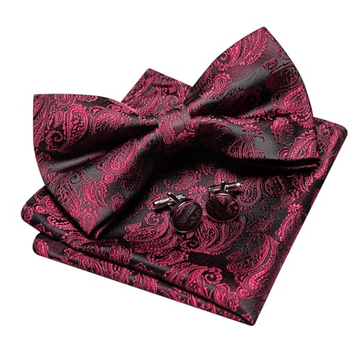 Image of YOHOWA Paisley Striped Men Bow Tie Pre-Tied Formal Adjustable Colorful Bowties Handkerchief Cufflinks Set Wedding Party