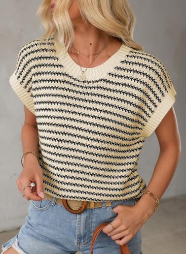 EVALESS Women’s Sweater Vest Striped Pullover Tank Top Round Neck Cap Sleeve Lightweight 2025 Summer Casual Clothes